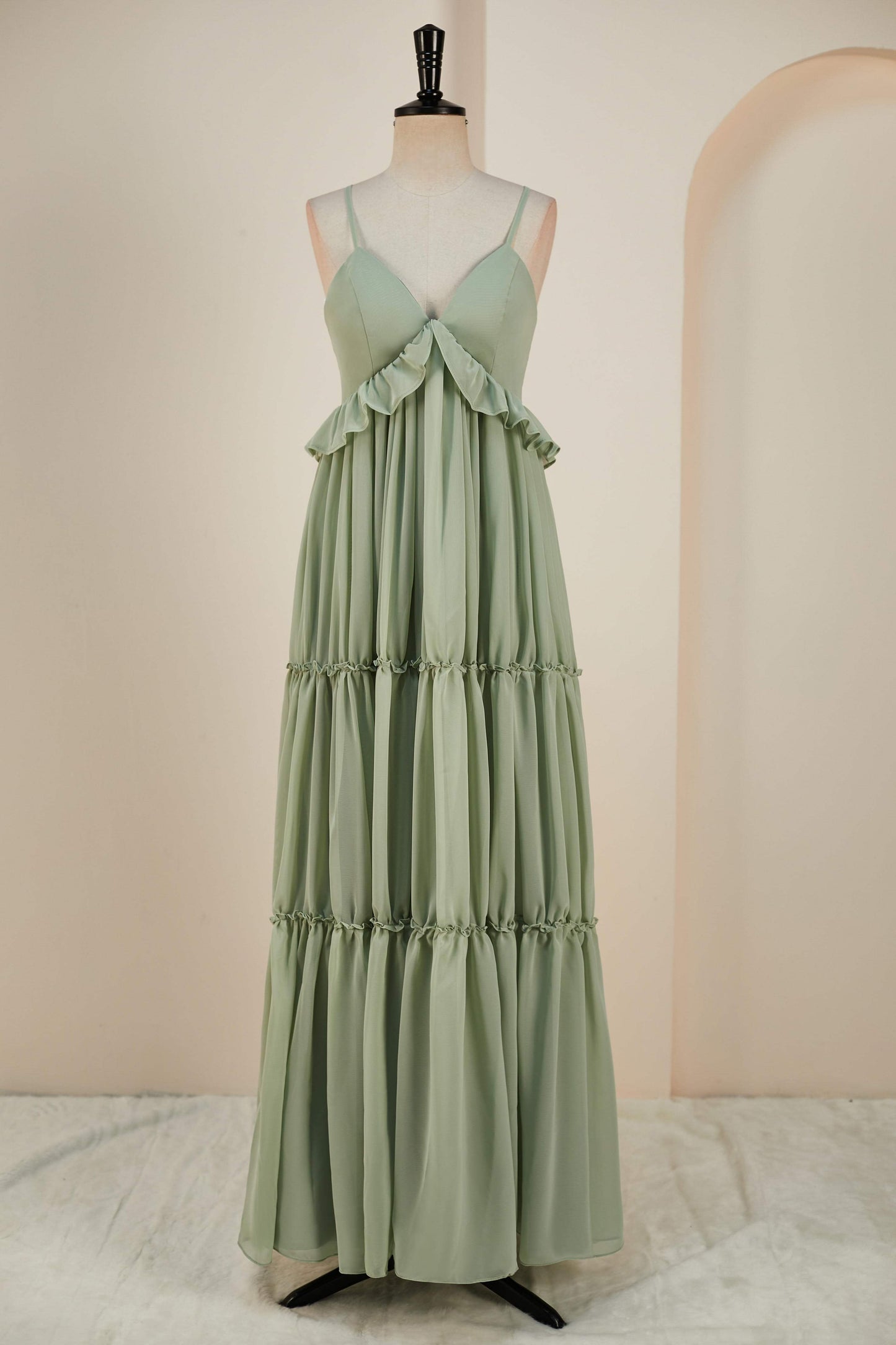 Dusty Sage Lace-Up Deep V Neck Ruffled Empire Long Bridesmaid Dress