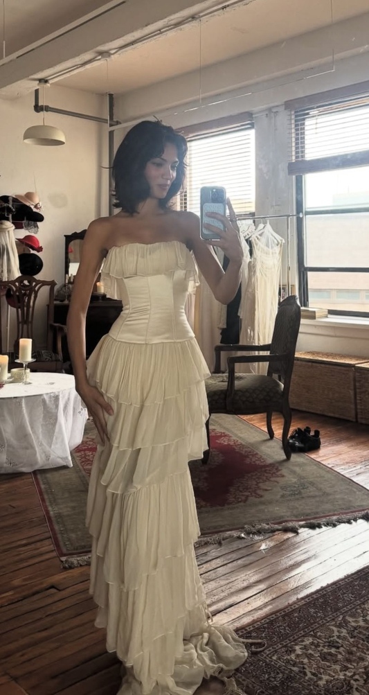 Light Apricot Strapless Waist-Cinched Ruffle Hem Prom Dress, Evening Gown gh7294