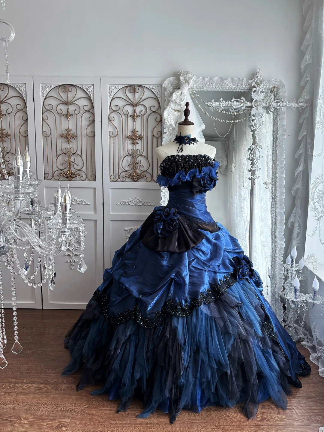 Dark Blue Strapless Fitted Waist Voluminous Tiered Cake Skirt Prom Gown & Evening Gown gh7348