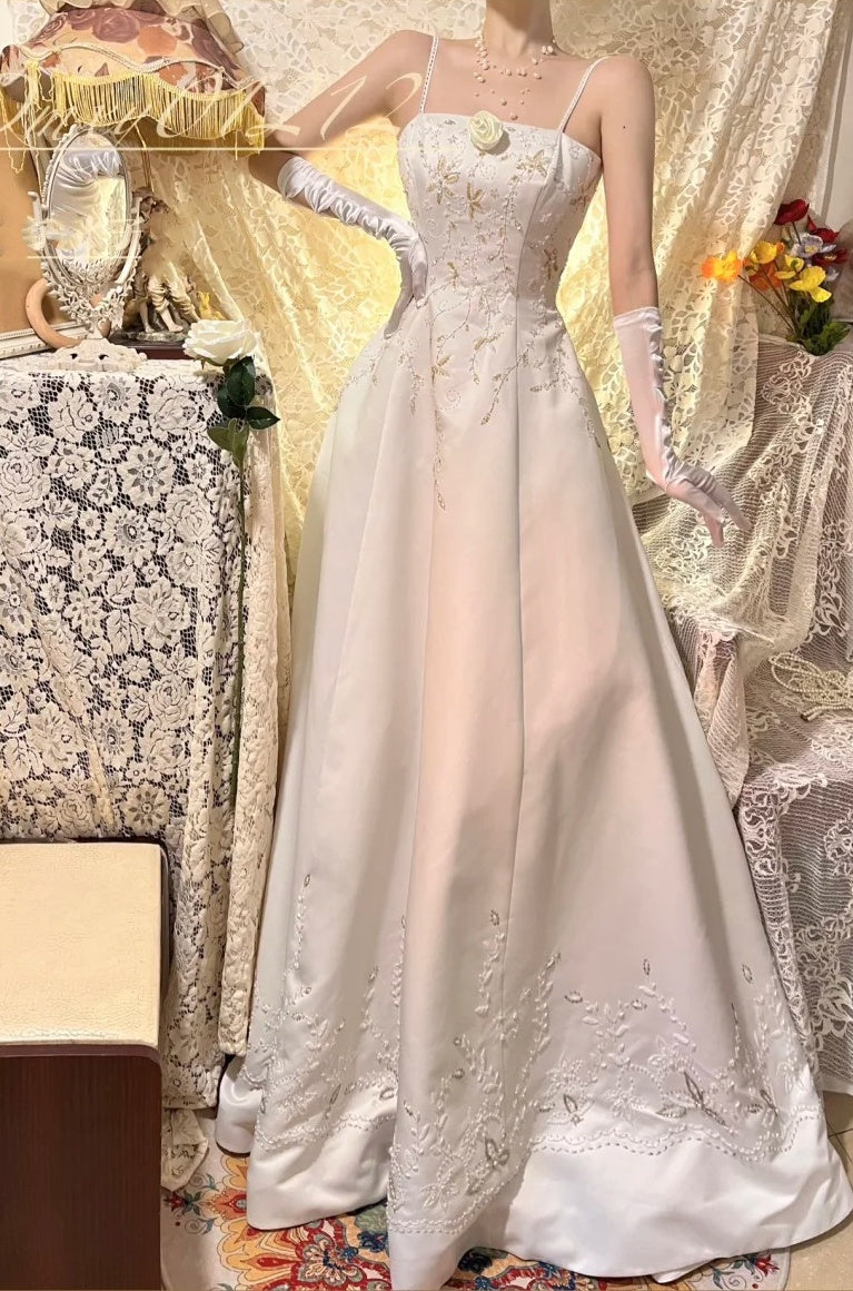 White and yellow exquisite bead decoration long satin ball dress evening dress wedding dress gh4509