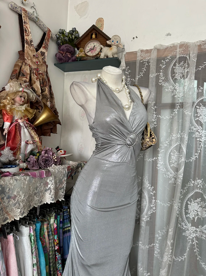 Grey Halter Neck Waist-Cinched Bodycon Sexy Long Evening Party Gown gh7193