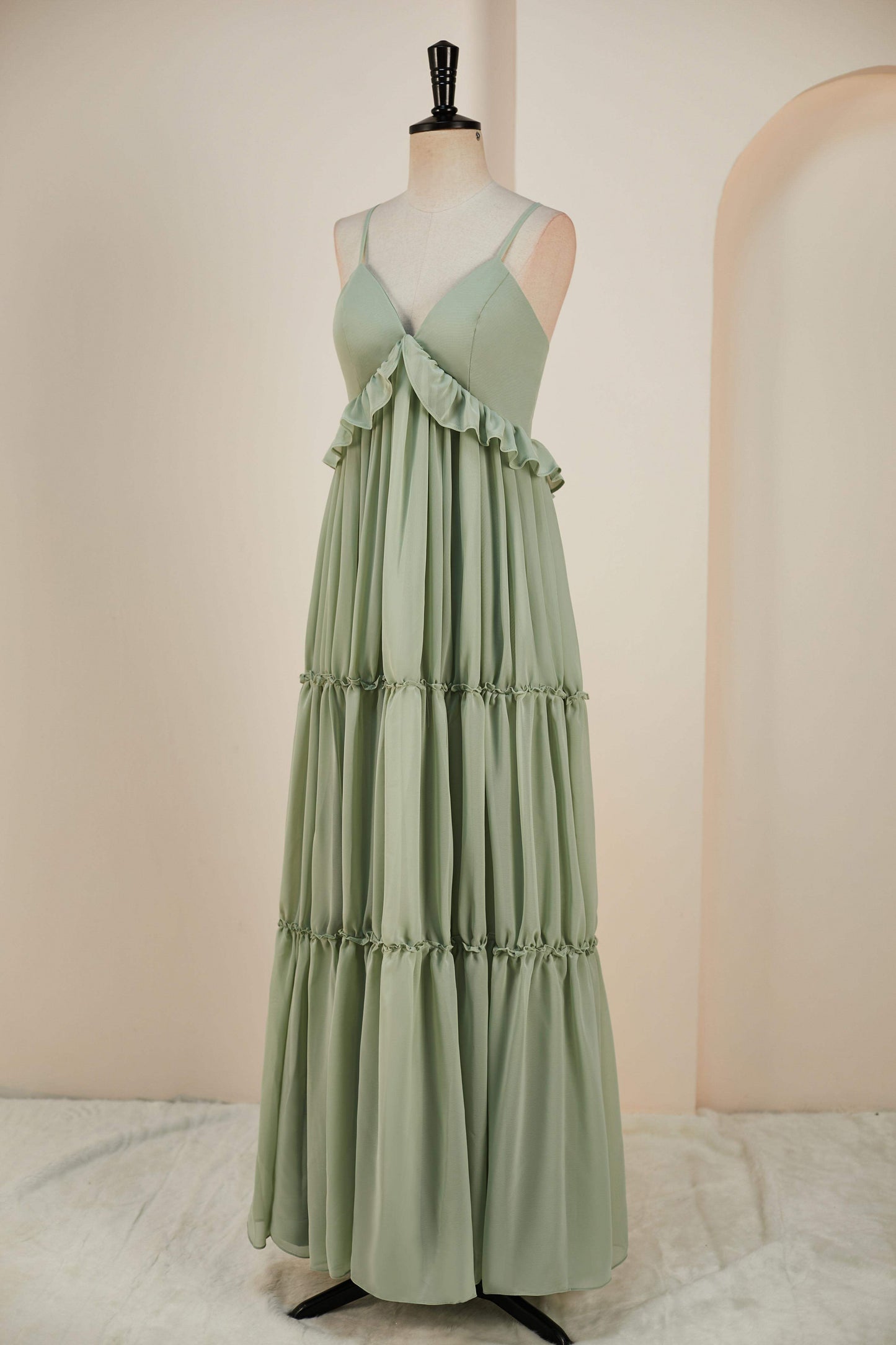 Dusty Sage Lace-Up Deep V Neck Ruffled Empire Long Bridesmaid Dress