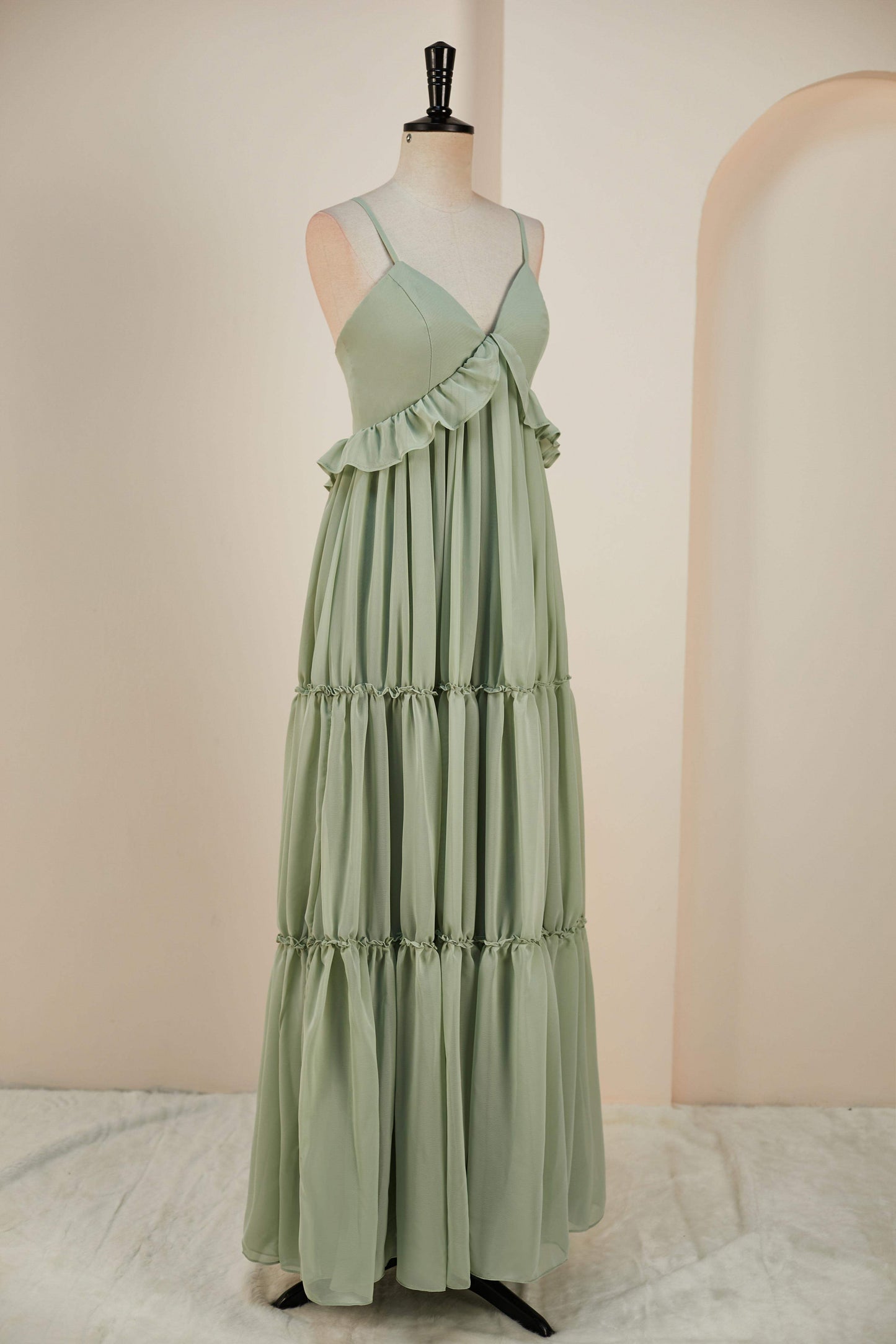 Dusty Sage Lace-Up Deep V Neck Ruffled Empire Long Bridesmaid Dress