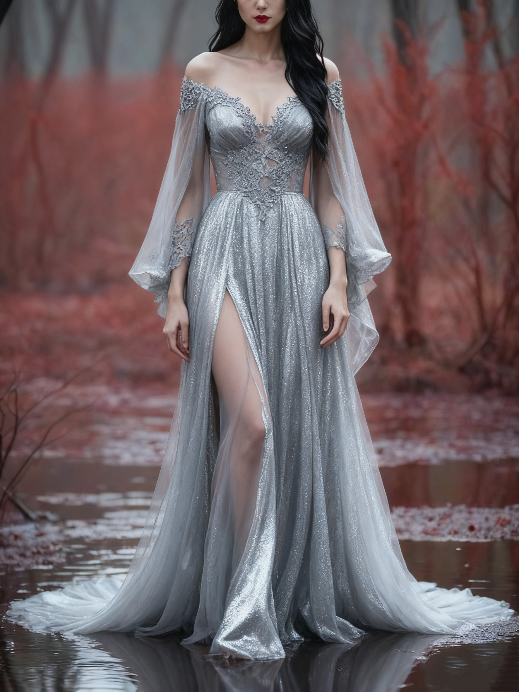 girlhomeshops-Long Sleeves Long Tulle Floor-Length Train Retro Elegant Ball Gown Evening Dress gh5943