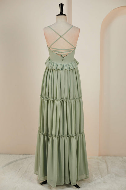 Dusty Sage Lace-Up Deep V Neck Ruffled Empire Long Bridesmaid Dress