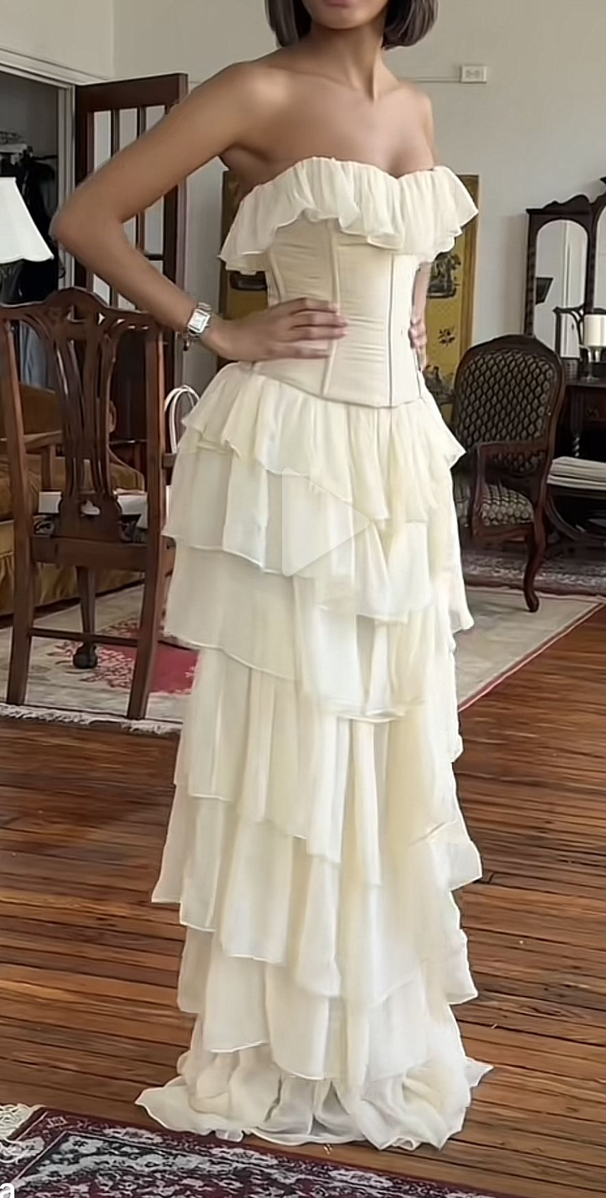 Light Apricot Strapless Waist-Cinched Ruffle Hem Prom Dress, Evening Gown gh7294