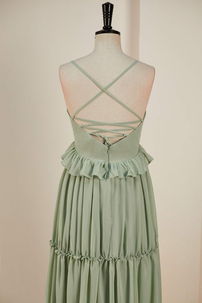 Dusty Sage Lace-Up Deep V Neck Ruffled Empire Long Bridesmaid Dress