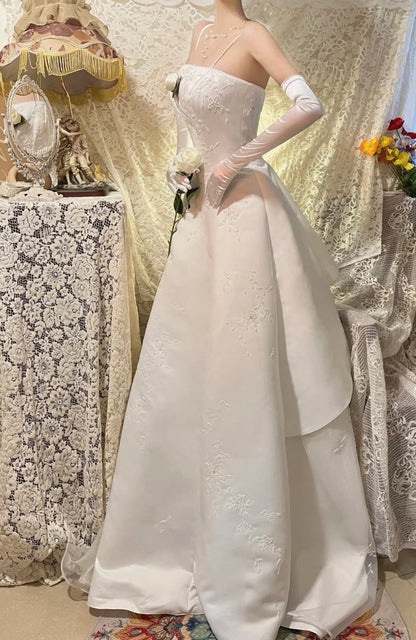 White exquisite bead long satin ball dress, evening dress, wedding dress gh4511