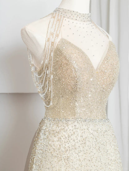 Champagne gold shining elegant tulle long prom dress evening dress party dress gh4870