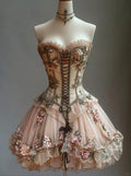 Retro Strapless Floral Design Lolita Princess Dress A-line Beaded Chiffon Party Dress Homecoming Dress TP4086