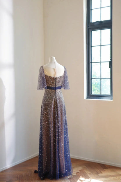 girlhomeshops-Vintage Blue-Gold Gradient V-Neck Sequin Bow Long Evening Gown gh6030