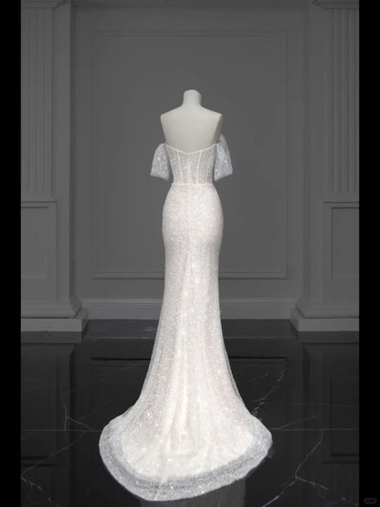 ✨Girlhomeshops-White Sparkling Elegant Mermaid Long Tulle Slimming Prom dress Evening Dress Party Dress gh4991