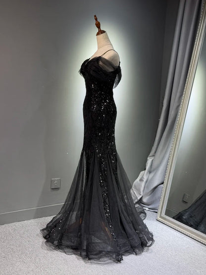 Girlhomeshops -Black shiny mermaid long sequined ball gown evening dress graduation dress gh5112