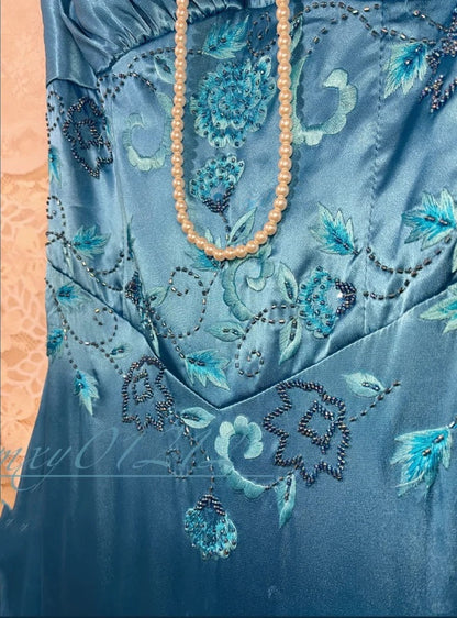 Blue Floral Elegant Long Satin Ball Gown Evening Gown Party Dress Bridesmaid Dresses gh4464