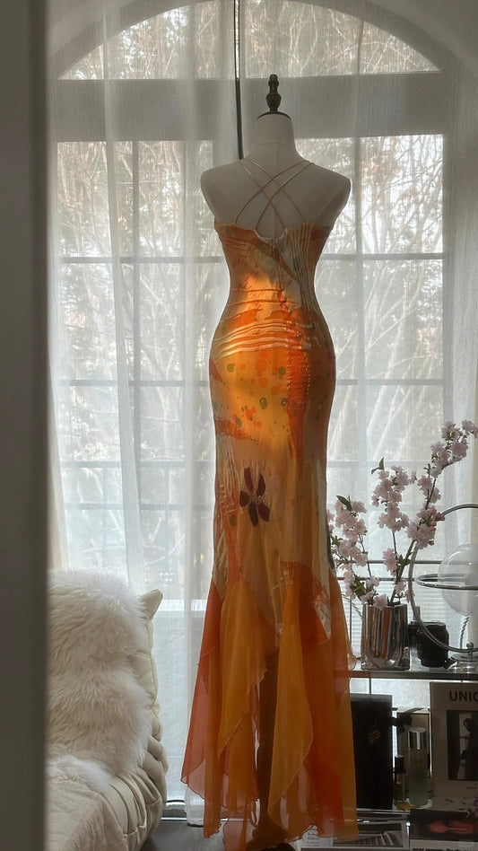 Orange Delicate Floral Spaghetti Strap Long Satin Chiffon Ball Gown Evening Dress Party Dress gh4093