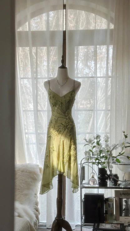 Green Romantic Fashion Elegant Delicate Floral Appliqué Beaded Spaghetti Straps Midi/Short Chiffon Ruffle Ball Gown Evening Gown Party Gown gh4060