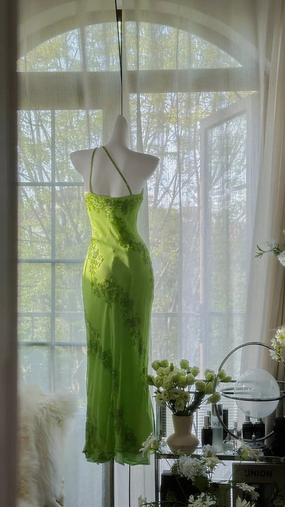 Green gorgeous fashion one shoulder elegant vintage exquisite beaded long chiffon ball gown evening dress birthday party dress prom dress gh3951