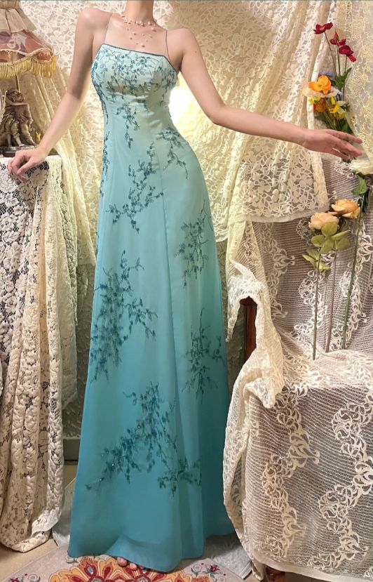 Vintage Gradient Blue Beaded Evening Gown Sheath Spaghetti Strap Party Dress Long Formal Dress TP4979
