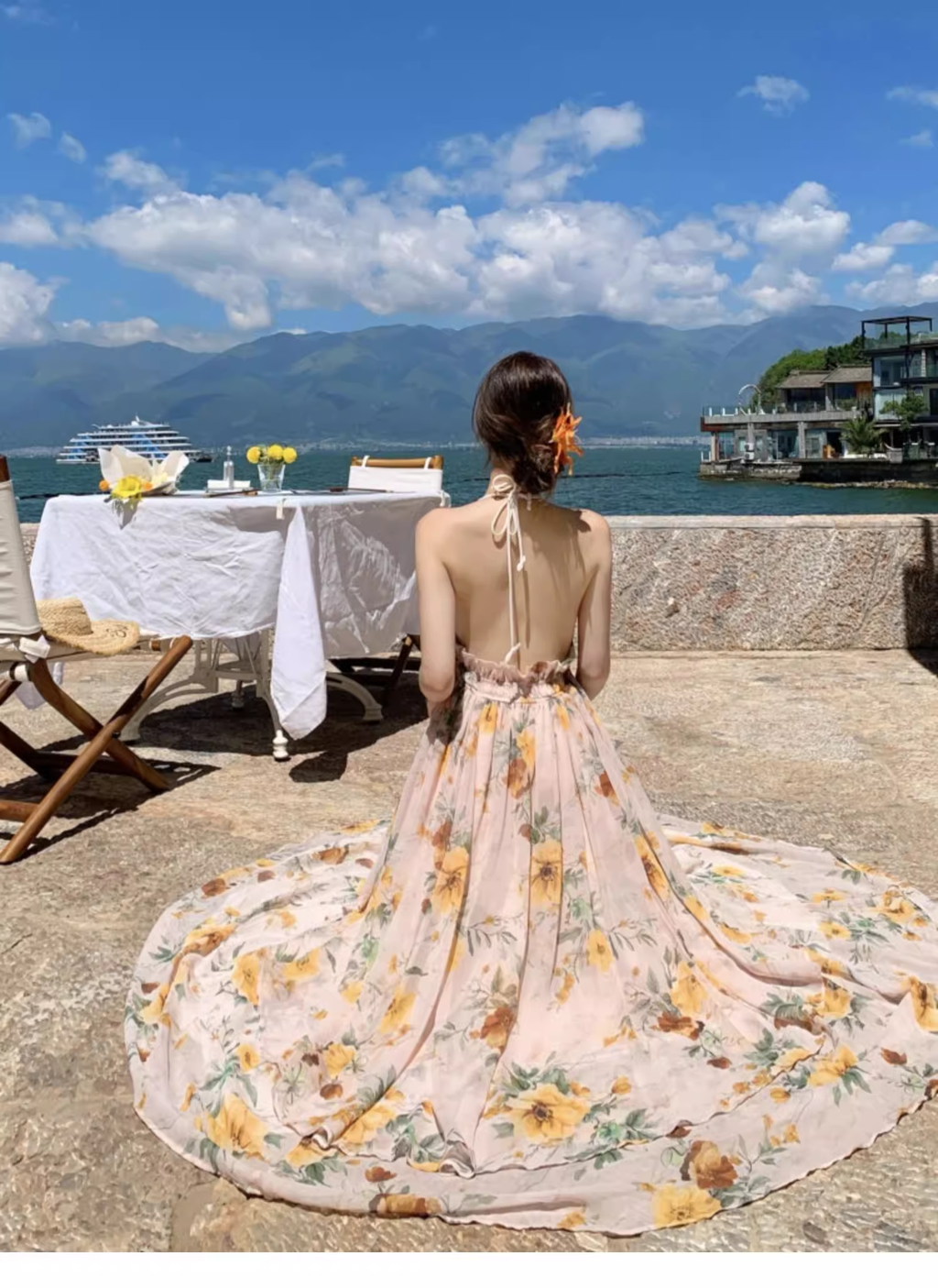 New Fashion Floral V-neck Design Elegant Beach Holiday A-line Sleeveless Halter Dress Summer DressTP4257