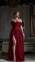 Elegant Sequin Off-he-Shoulder Prom Dress Evening Gown with High Slit & Train Wedding Guest Maxi Dress TP5749