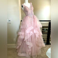 Glamorous Pink V-Neck Beaded Tulle Tiered Ruffle Sweet 15 Quinceanera Ball Gown TP5809