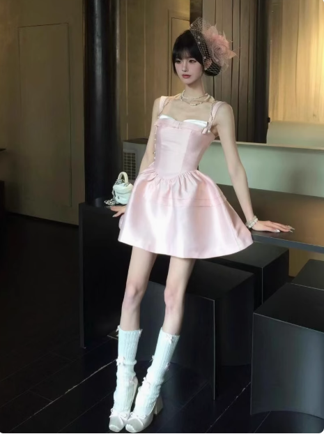New Simple Pink Bow Design A-line Sleeveless Spaghetti Strap Dress TP3276