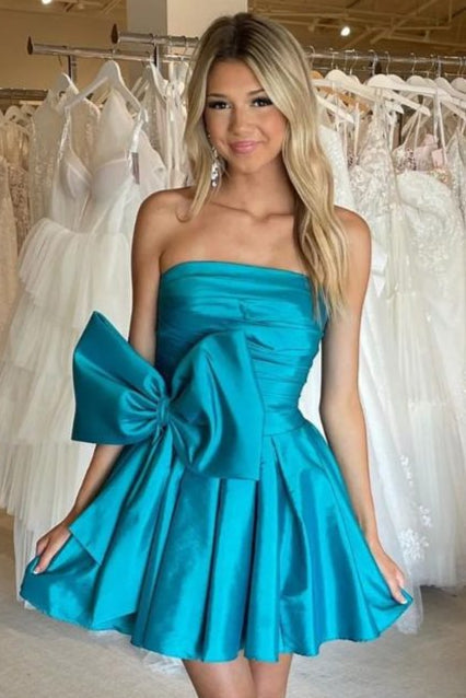 Cute A-Line Strapless Satin Short Homecoming Dresses with Bownot