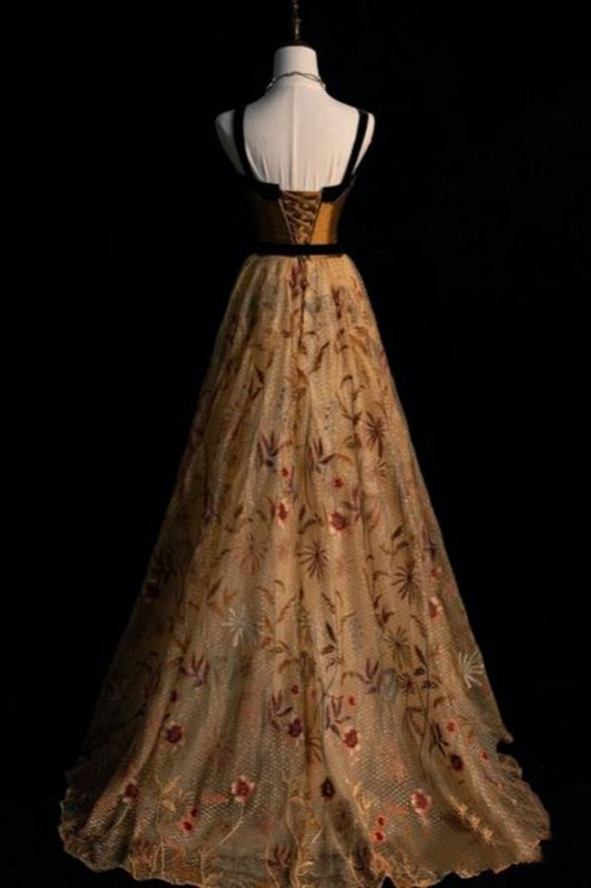 girlhomeshops-Gold-Brown-Black Paneled Embroidered Tulle Sleeveless Floor-Length Vintage Gown gh6323