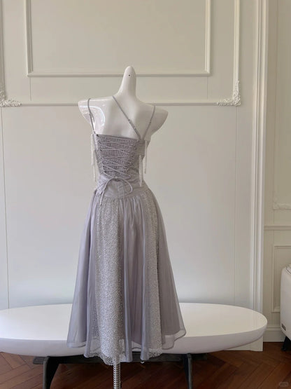 Sparkling A-line Strap Sequined Tassel Tulle Long Prom Dress Evening Dress P4060