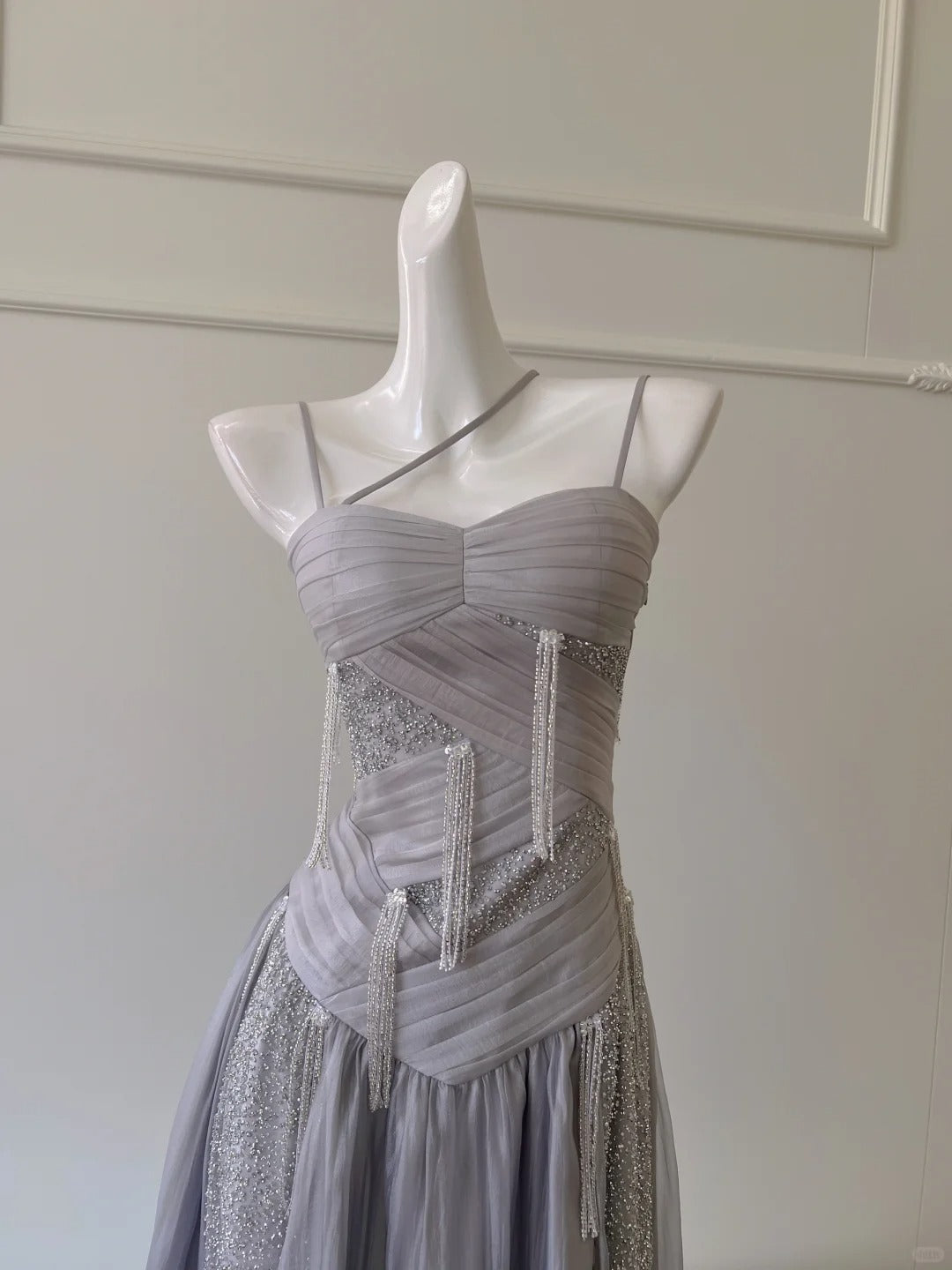 Sparkling A-line Strap Sequined Tassel Tulle Long Prom Dress Evening Dress P4060