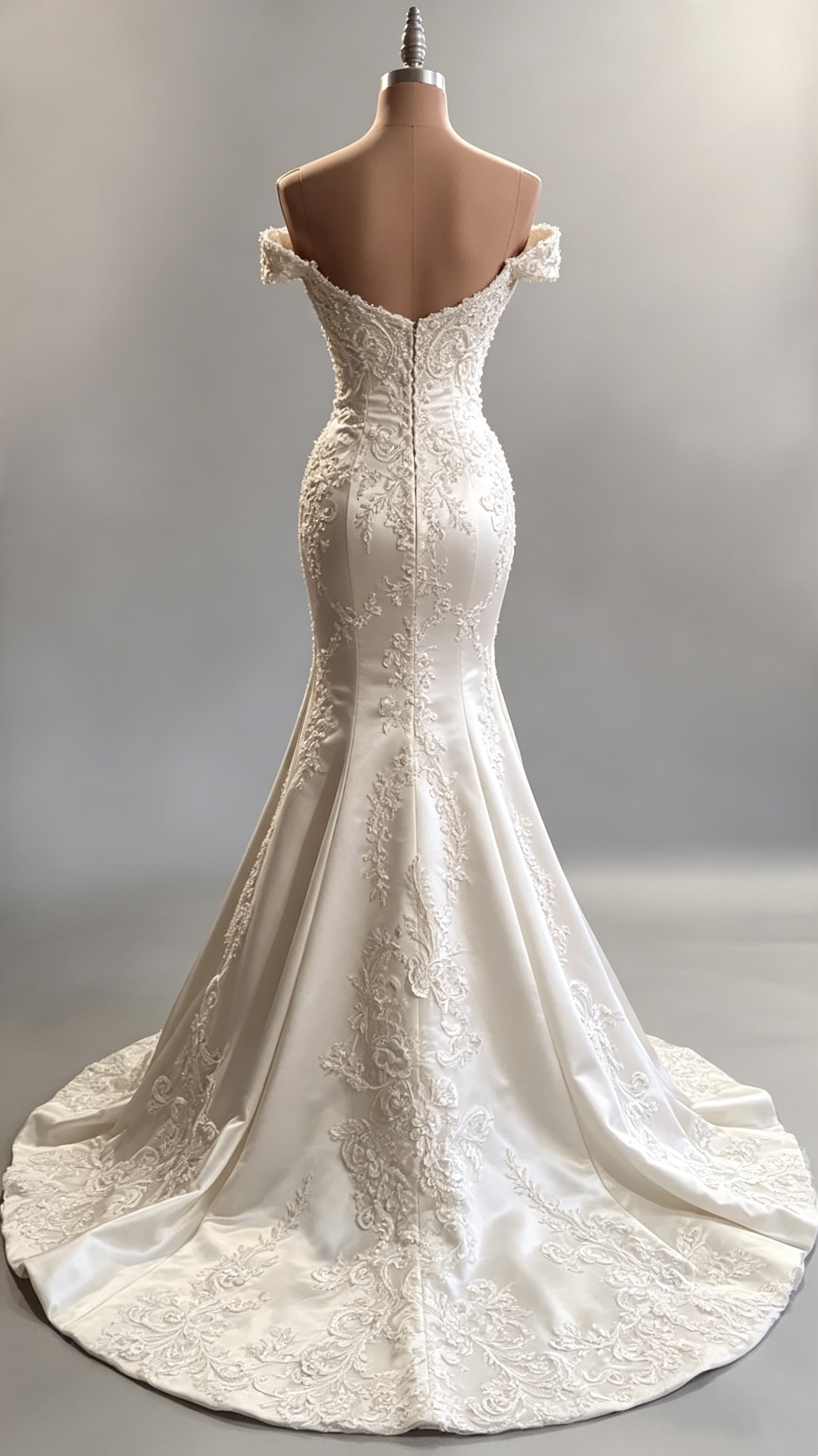 Classic Ivory Off-the-Shoulder Beaded Satin Applique Mermaid Wedding Dress TP5919