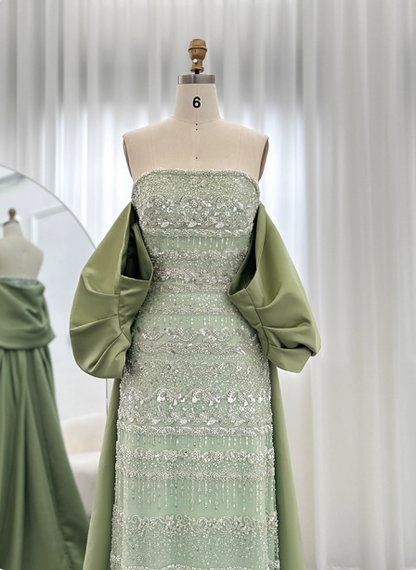 Gorgeous Green Strapless Beaded Cape Satin Train Prom Dress Evening Dress P4618