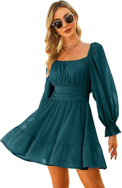 EXLURA Women Tie Back Long Lantern Sleeve Square Neck Ruffle Dress Elastic Waist Aline Casual Mini Dress