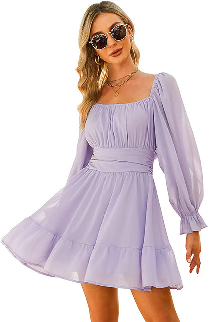 EXLURA Women Tie Back Long Lantern Sleeve Square Neck Ruffle Dress Elastic Waist Aline Casual Mini Dress