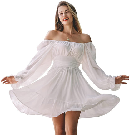 EXLURA Women Tie Back Long Lantern Sleeve Square Neck Ruffle Dress Elastic Waist Aline Casual Mini Dress