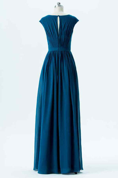 Dark Blue A-line Jewel Cap Sleeves Pleated Chiffon Long Bridesmaid Dress