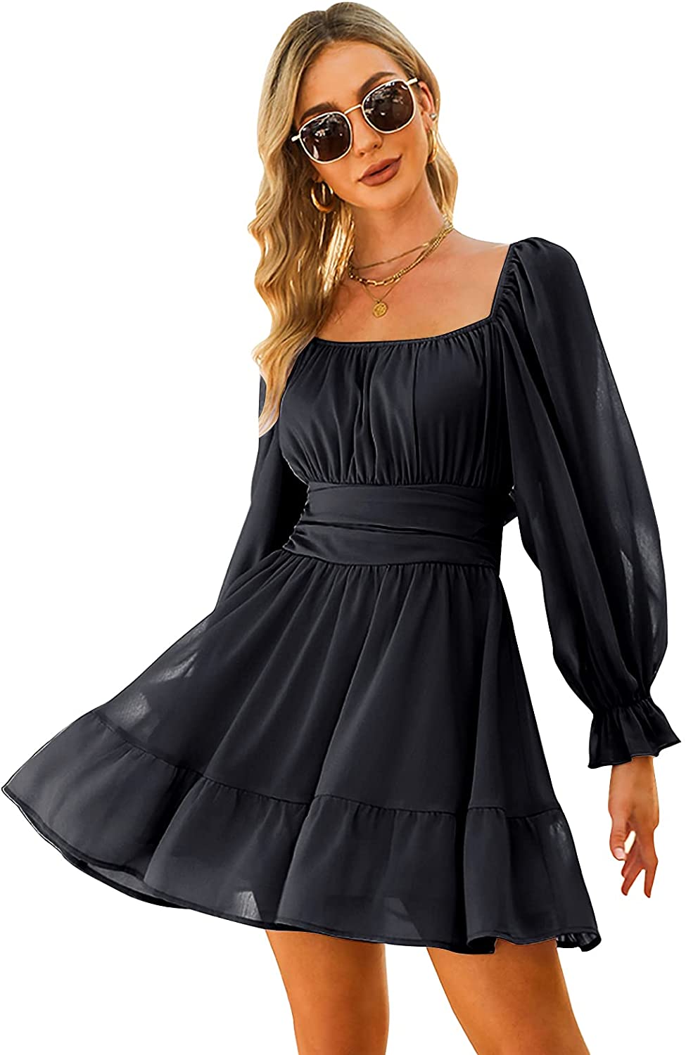 EXLURA Women Tie Back Long Lantern Sleeve Square Neck Ruffle Dress Elastic Waist Aline Casual Mini Dress