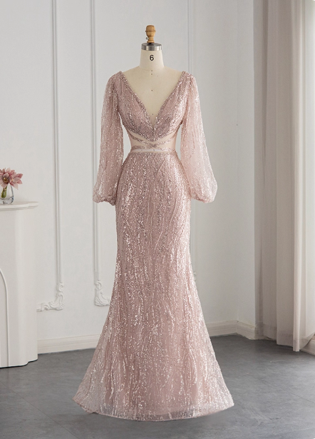 Elegant Pink Mermaid V-neck Long Sleeve Sequin Long Prom Dress Evening Dress P4628