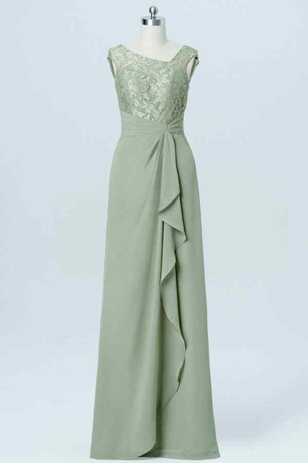 Agave A-line Lace Neck Cap Sleeves Ruffle Chiffon Long Bridesmaid Dress