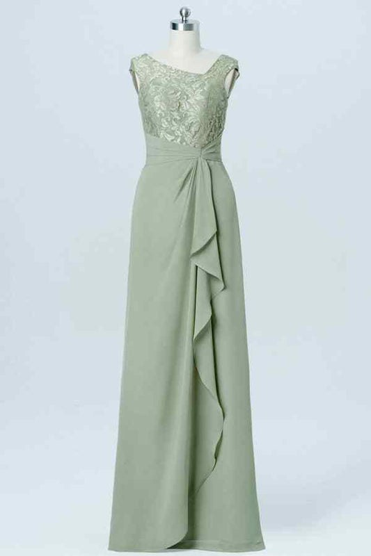 Agave A-line Lace Neck Cap Sleeves Ruffle Chiffon Long Bridesmaid Dress