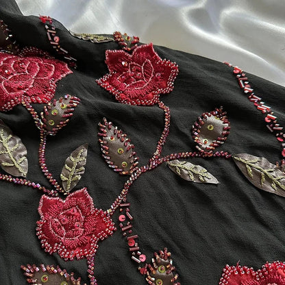 Black gorgeous tight strapless exquisite red rose floral beaded long tulle ball gown evening dress gh3157