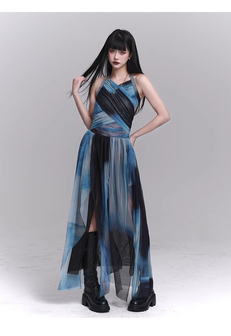 New Fashion Party Blue Chiffon Halter Dress TP2957