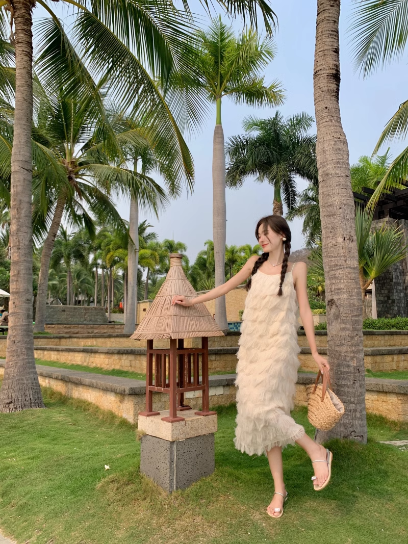 New Fashion Tassels Design Pink Beach Elegant Spaghetti Strap Dress TP2965