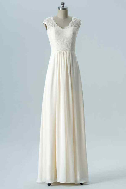 Ivory A-line Lace Jewel Neck Cut-Out Chiffon Long Bridesmaid Dress