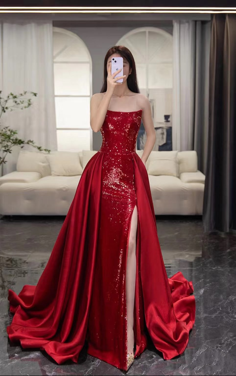 Mermaid Strapless Sequin Red Prom Dresses Long Evening Dress P2026