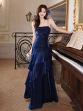 Navy Blue Long Prom Dress Fitted Long Ruffled Evening Dresses