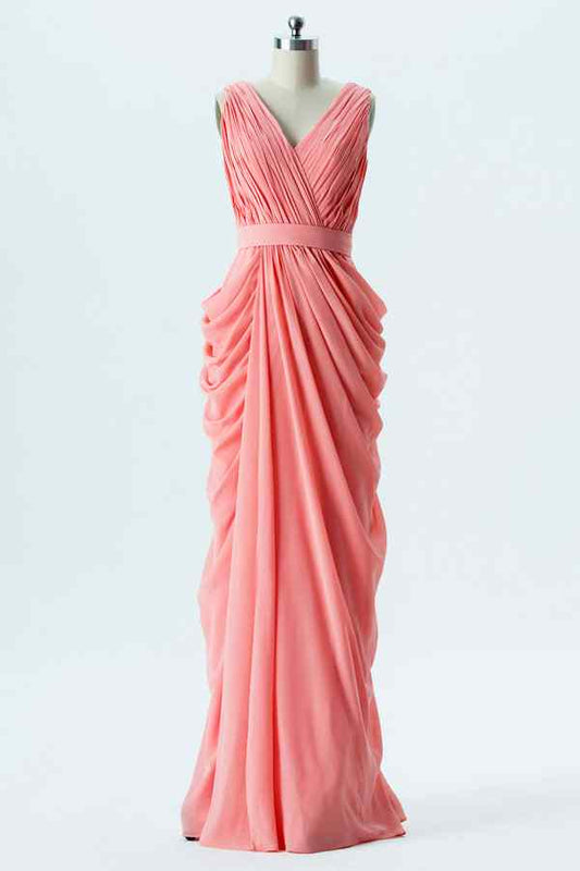Hot Pink A-line V Neck Pleated Chiffon Long Bridesmaid Dress