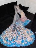 Gorgeous Sparkling Beaded Sequin Mermaid 3D Flowers Design Tulle Evening Dress Prom Dresses TP4159