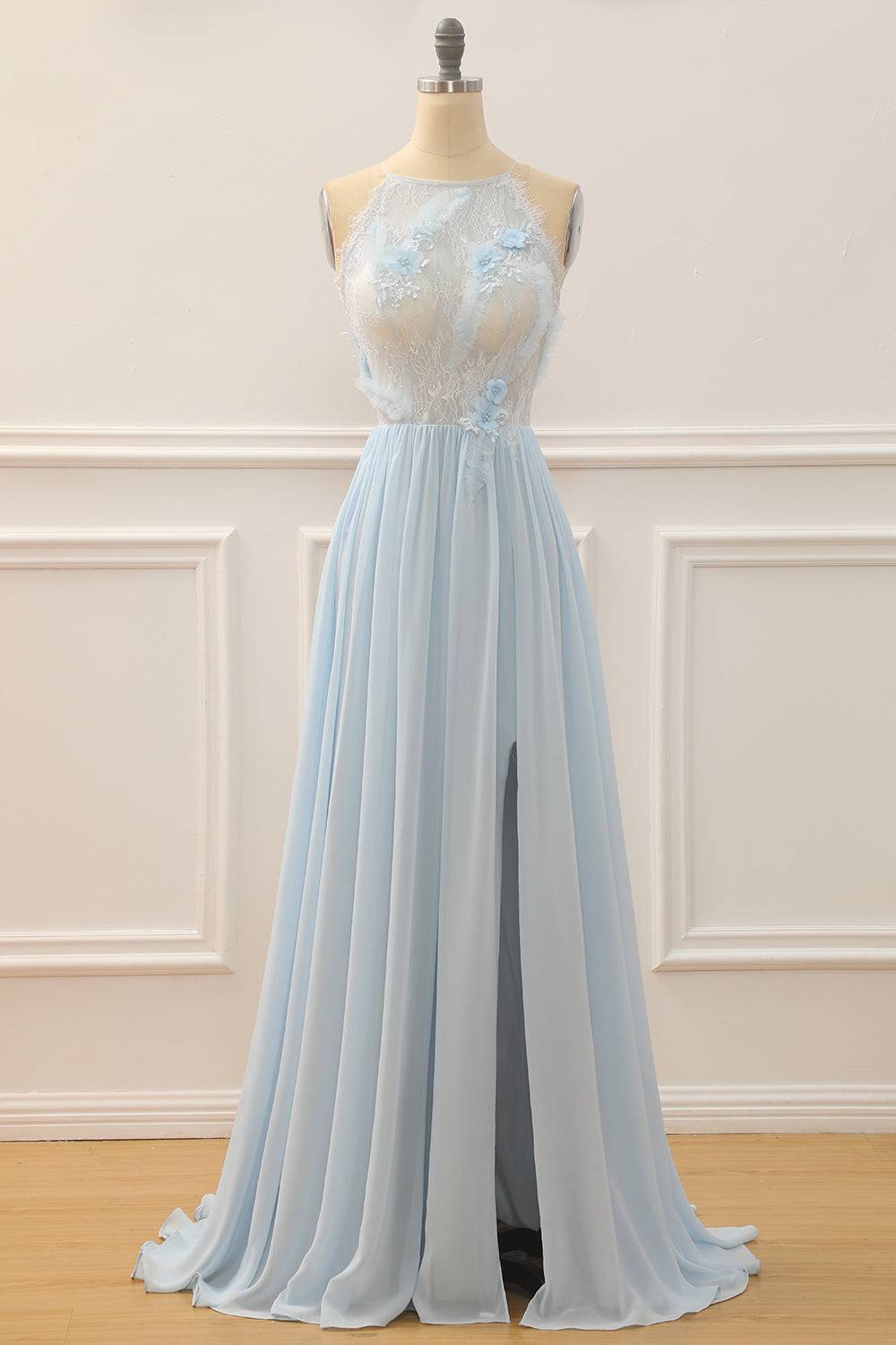 Light Blue High Neck Sleeveless A-Line Sheer Empire Prom Dress