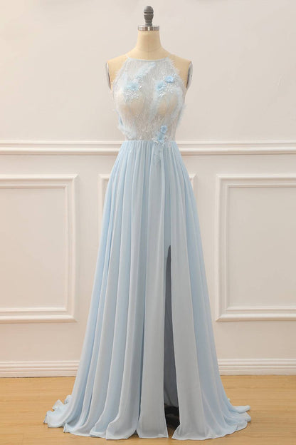 Light Blue High Neck Sleeveless A-Line Sheer Empire Prom Dress